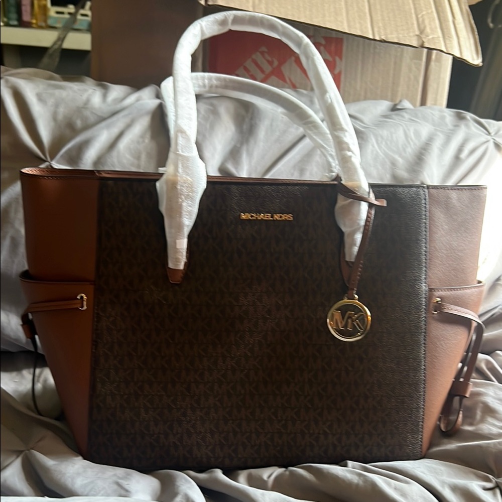 Michael Kors Brown and Tan Tote Bags with Gold Accents